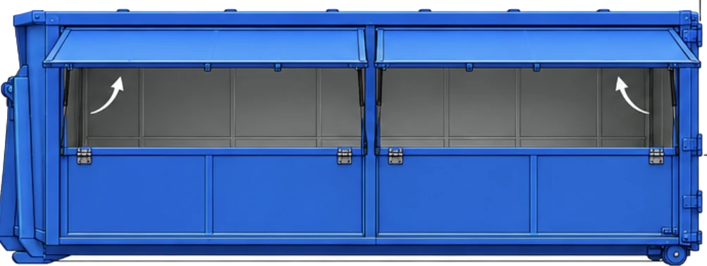 Side view of the bin with both top-hinged loading panels lifted